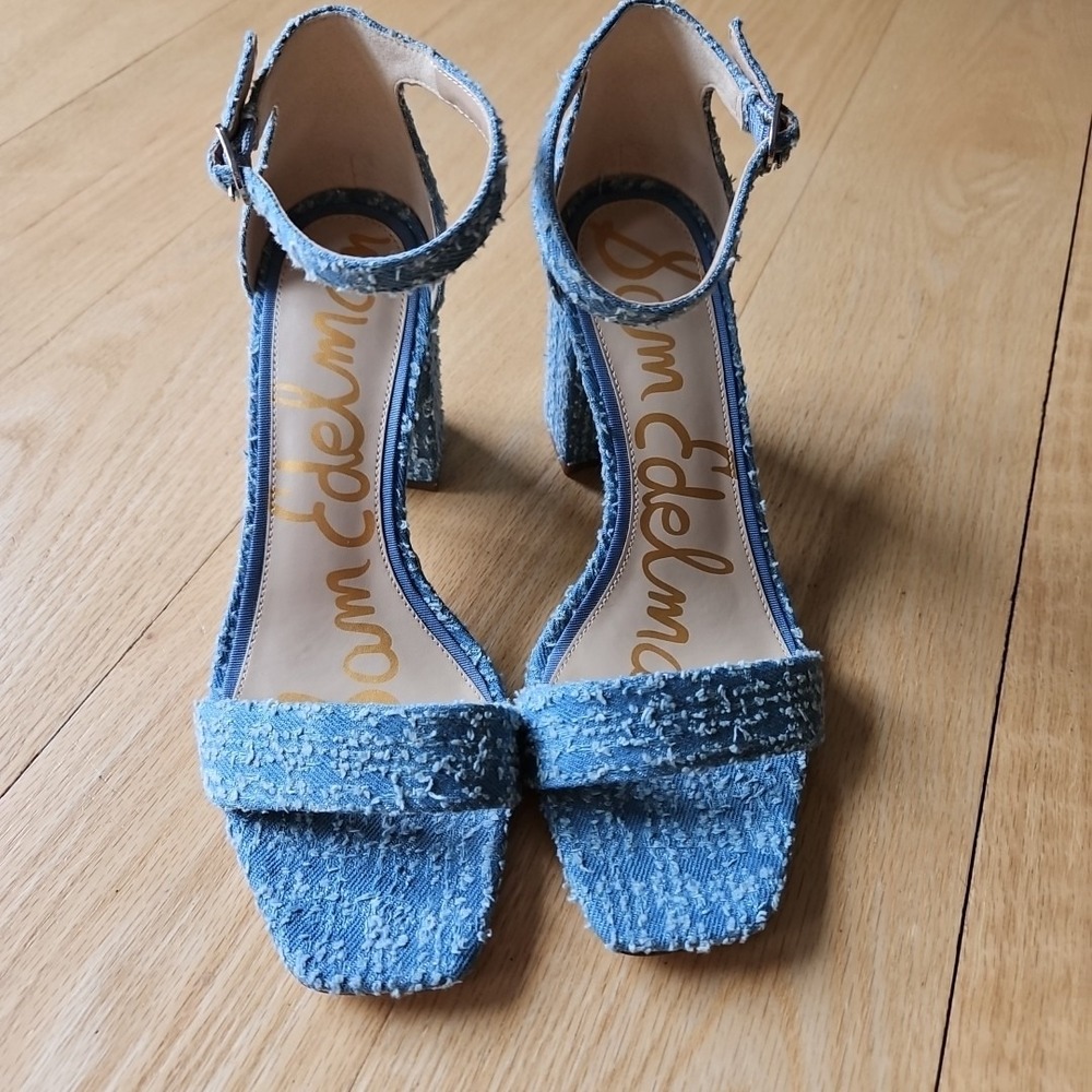 Sam Edelman Daniella Blue Distressed Frayed Denim Block Heel Sandals Womens 7.5 - Picture 10 of 10